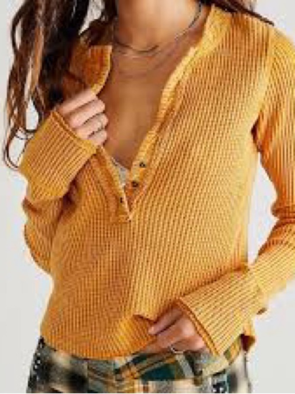 Free People FP One Colt Waffle Knit Thermal Henley Top - Mustard Gold - Medium